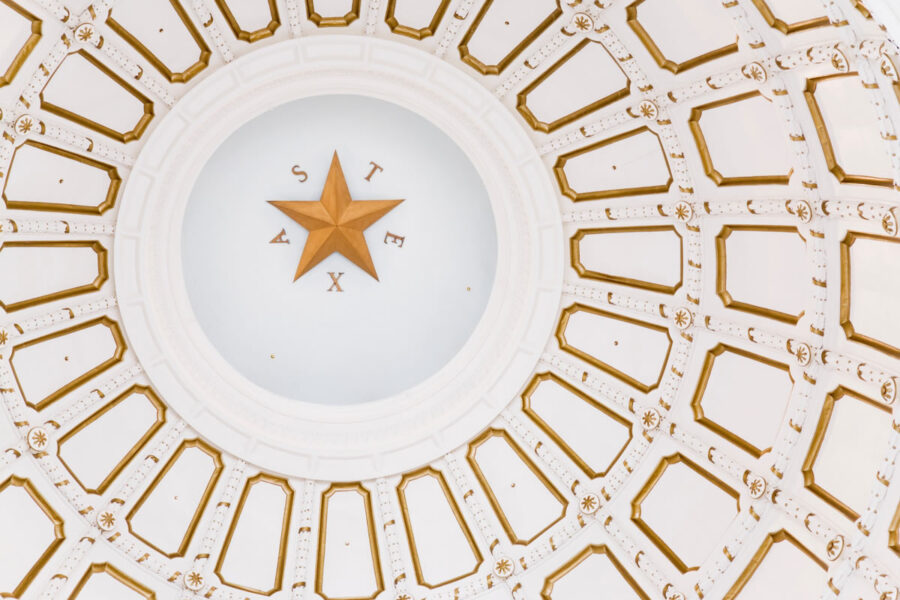The view of the ceiling in the Texas State Capitol building.