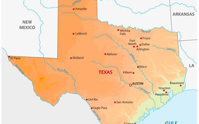 A close-up view of Texas on a map, colored in orange, and the surrounding states gray.
